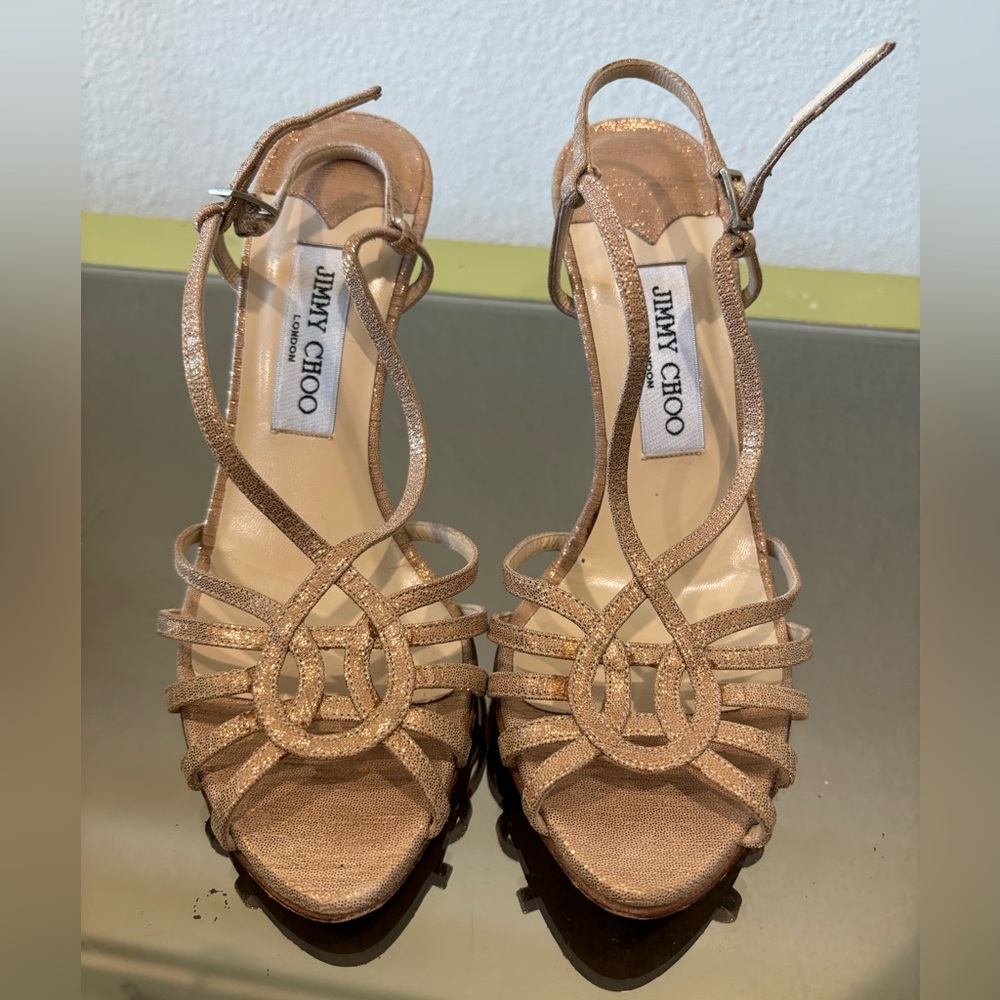 Gold strappy heels- Jimmy Choo. Open toe, formal size 38.5